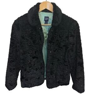 GAP Black‎ Crushed Velvet Faux Fur Collared Jacket Mint Satin Lining Women's S